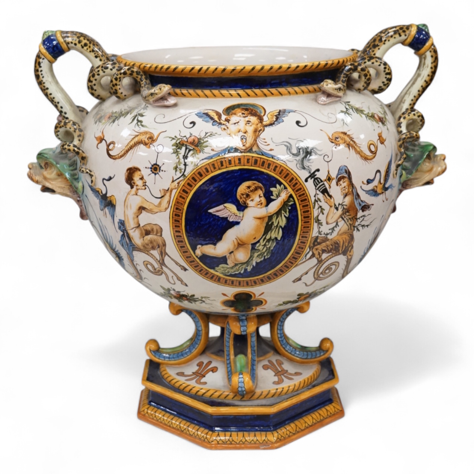 A large Ginori maiolica two handled pedestal vase, 34cm from base to top of handles